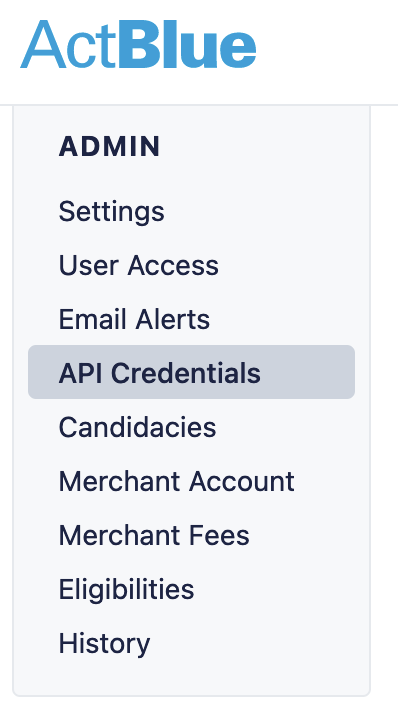 the API Credentials option selected in the dashboard menu